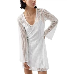 French Connection Sheer Lace Chevron Shift Dress White Bell Sleeve Mini Size 0